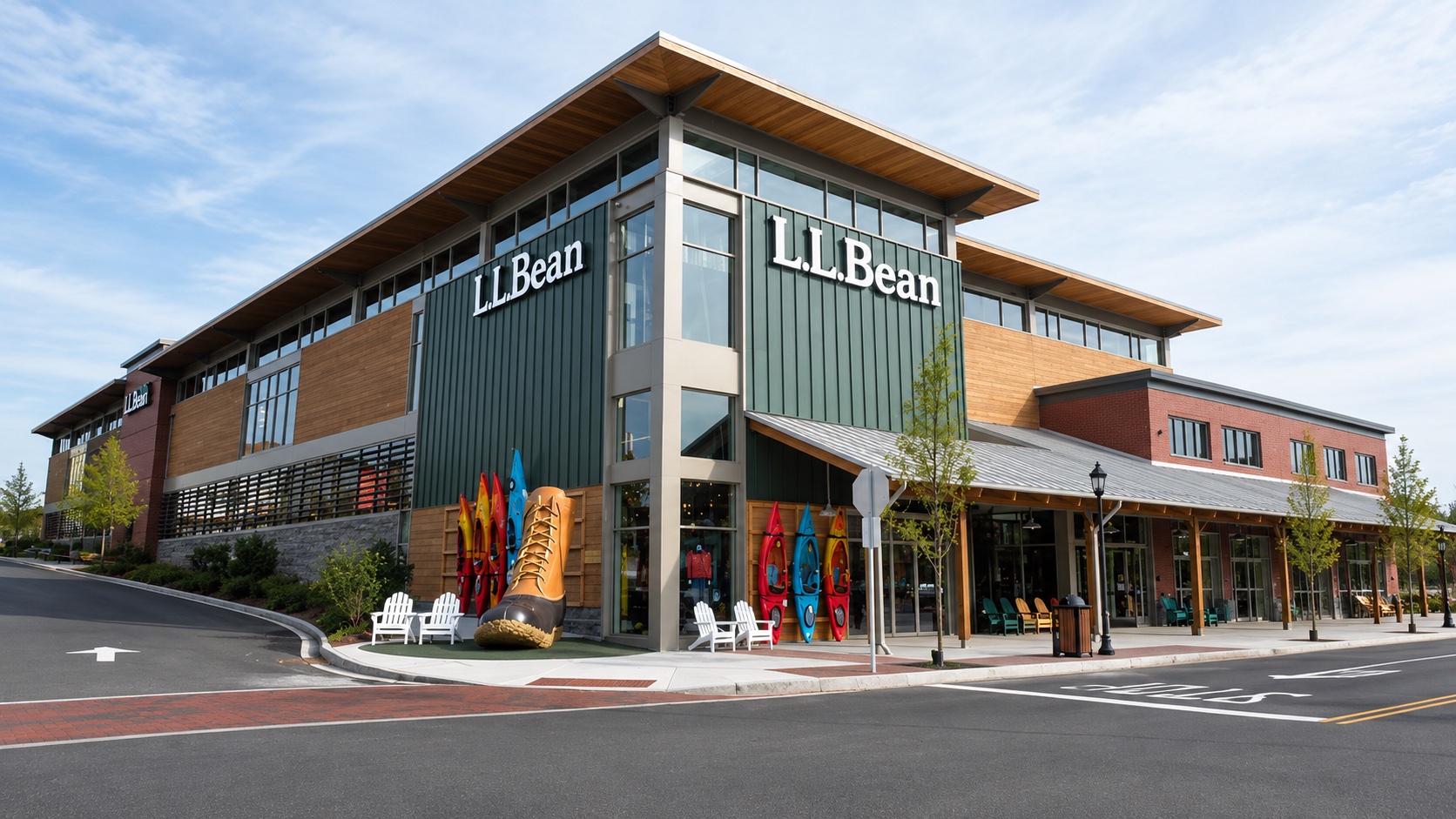 L.L.Bean store exterior with vertical metal panel, wood-tone siding and storefront glazing