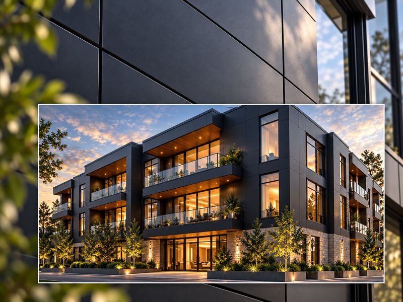 Dark metal panels behind a three-story building clad in ACM and metal panel