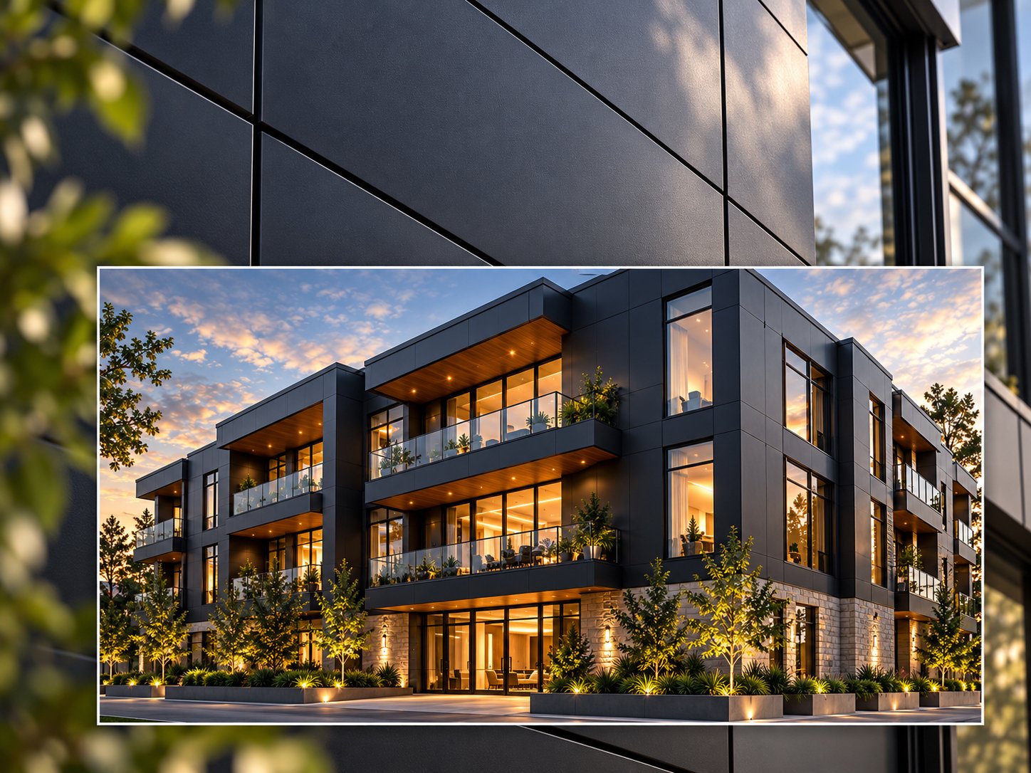 Dark metal panels behind a three-story building clad in ACM and metal panel