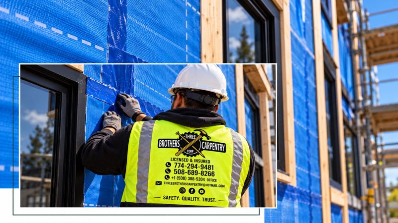 Installer sealing a blue air barrier membrane around a window opening
