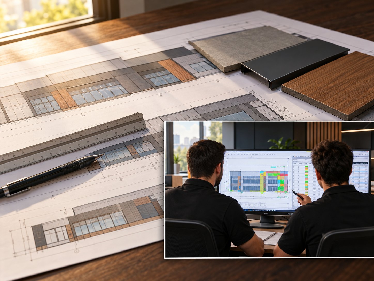 Facade drawings and cladding samples on a desk, with two estimators reviewing a takeoff on screen