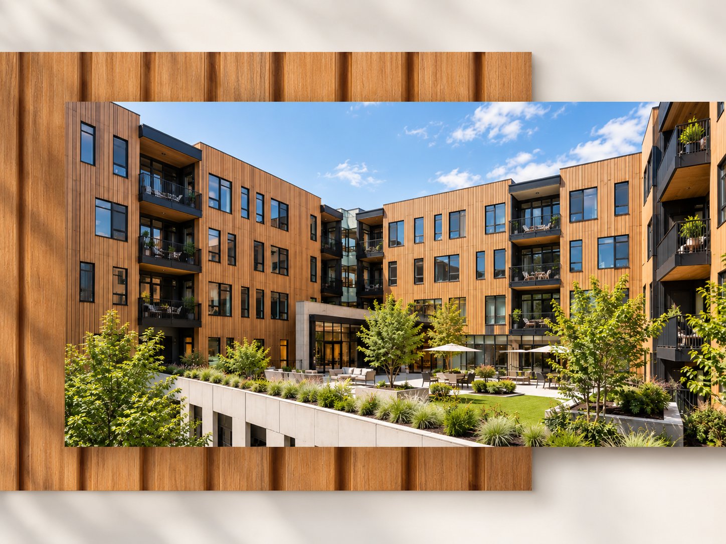 Wood-tone cladding boards behind a courtyard building clad in the same material