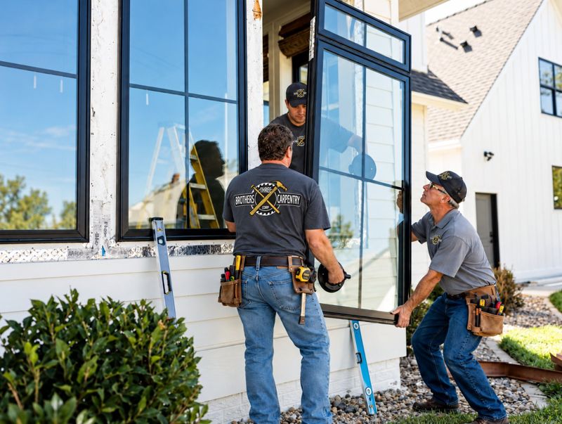 Two installers setting a large window unit into an opening