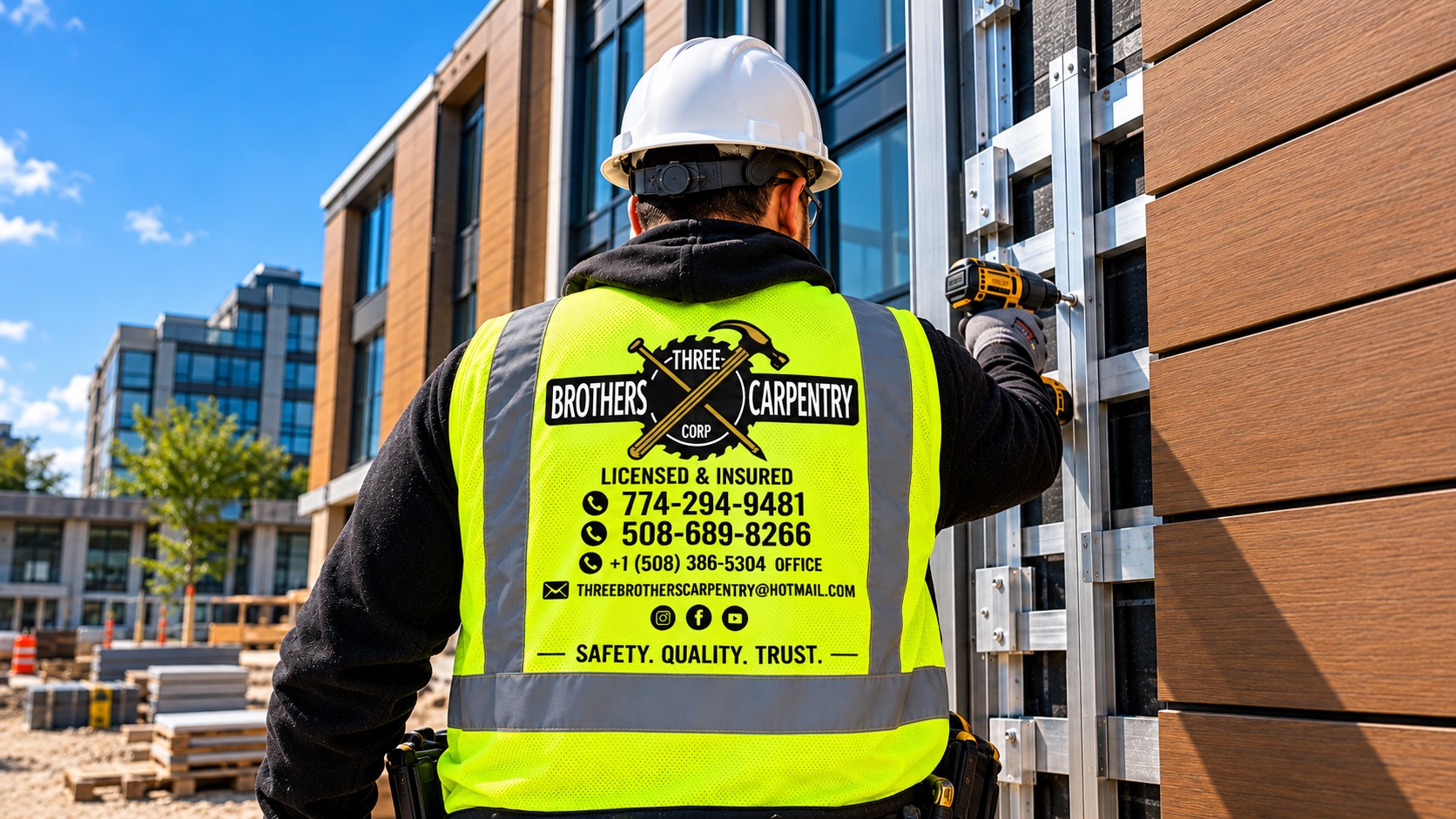 Three Brothers Carpentry installer in a branded safety vest fastening rainscreen rails beside wood-tone cladding