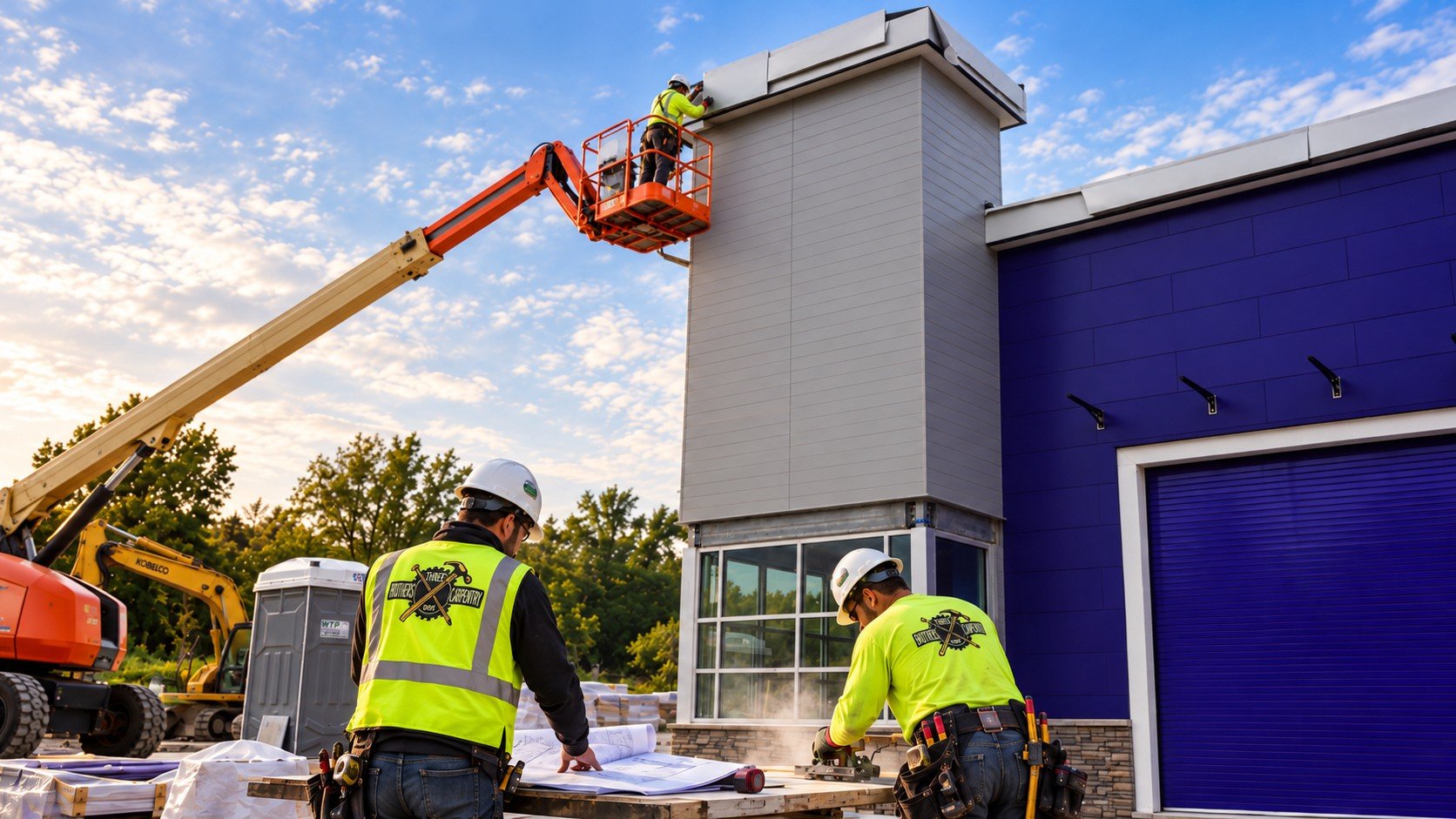 Three Brothers Carpentry crew working on a commercial exterior, with a boom lift at the facade