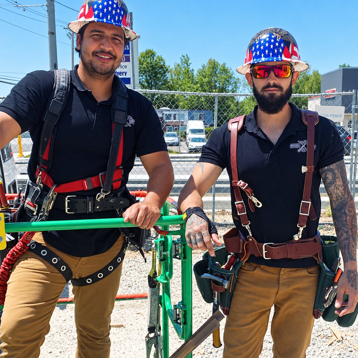 Two Three Brothers Carpentry crew members in harnesses and hard hats on an early jobsite
