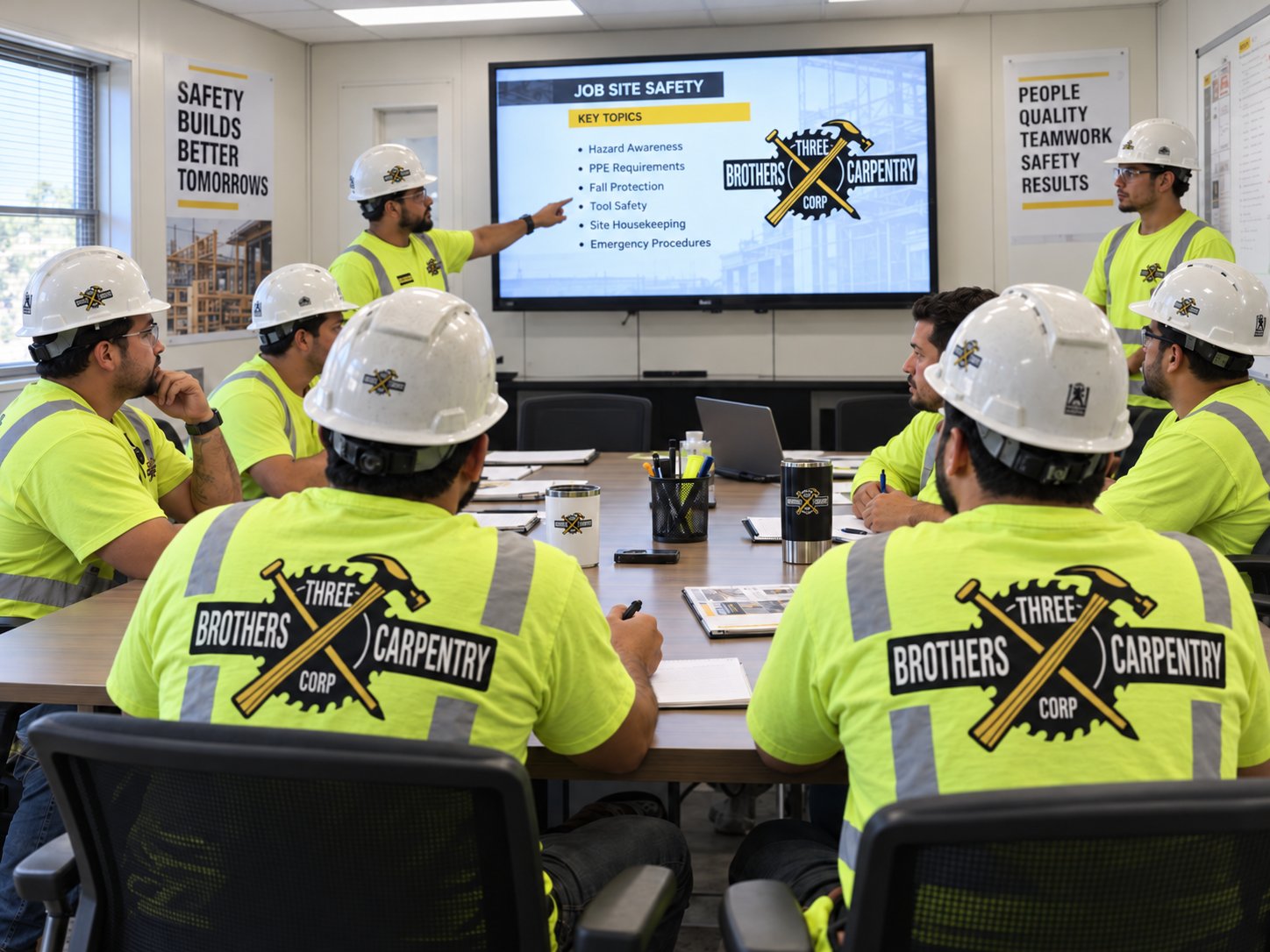 Crew in Three Brothers safety vests during a jobsite safety training session in the office