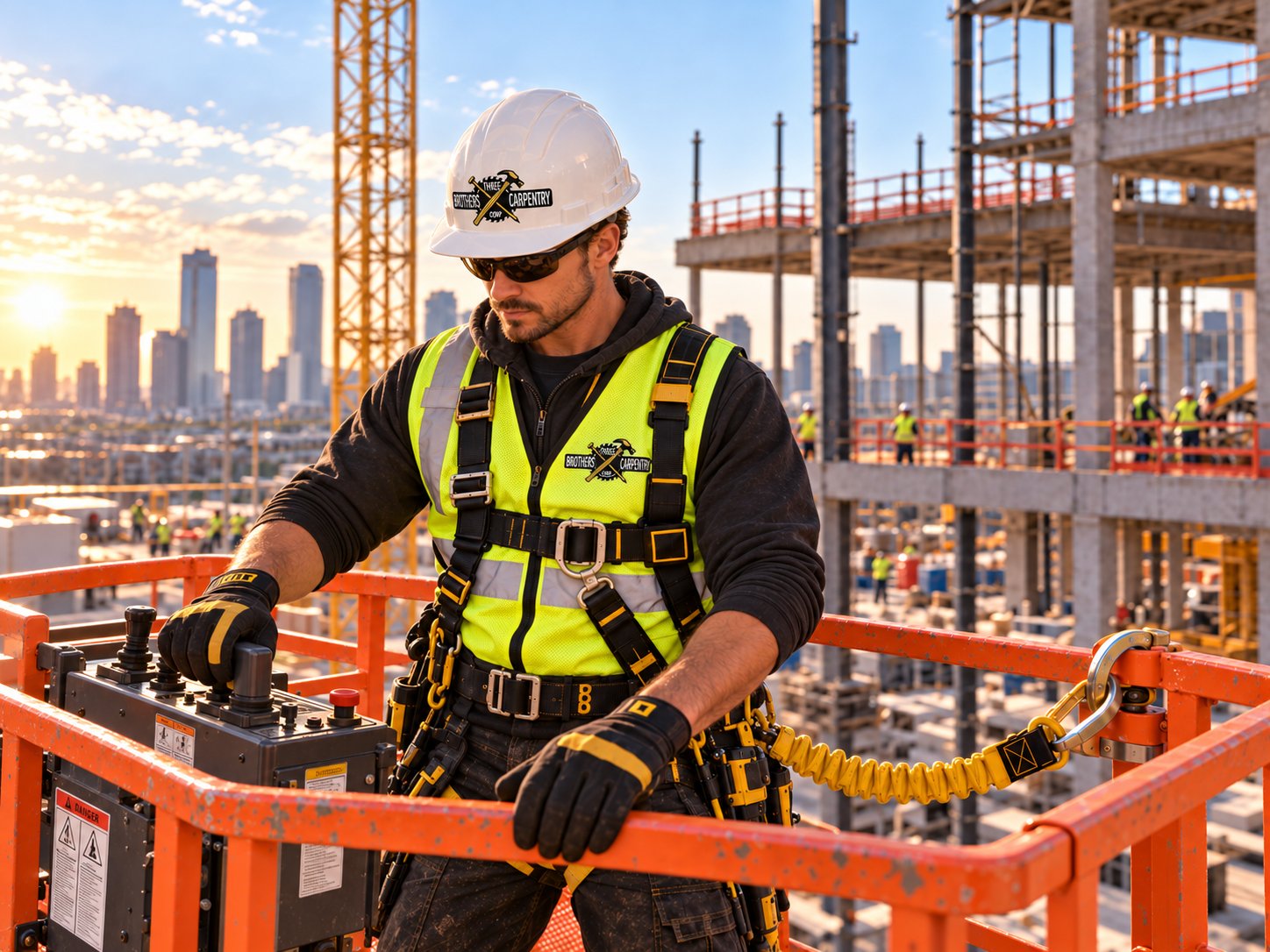 Installer in a harness and hard hat operating a boom lift on a jobsite