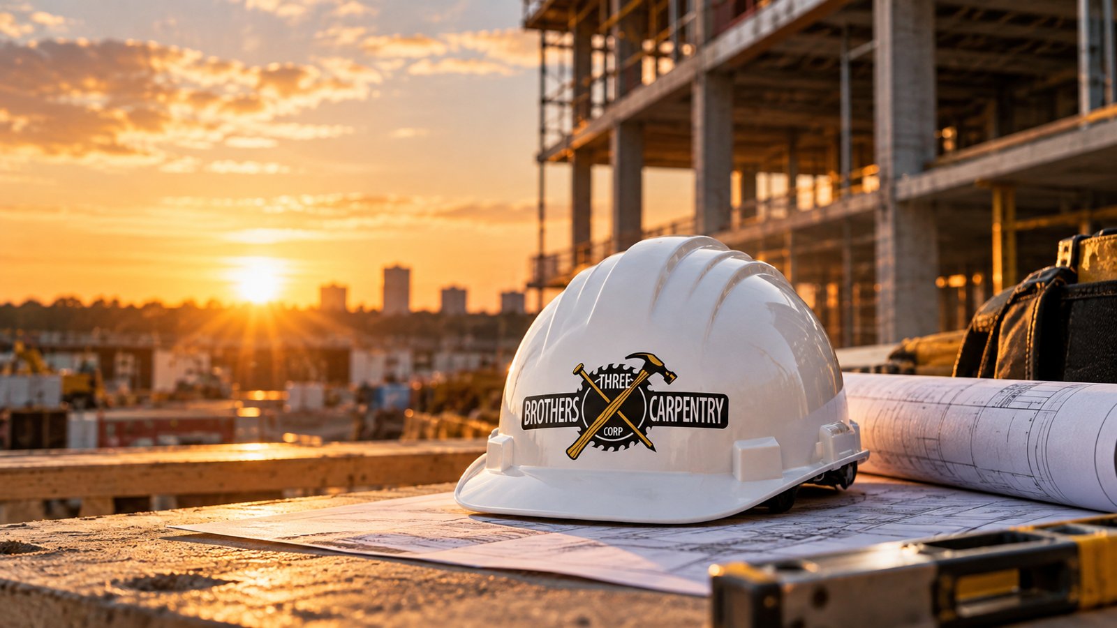 Three Brothers hard hat resting on drawings at a jobsite at sunset