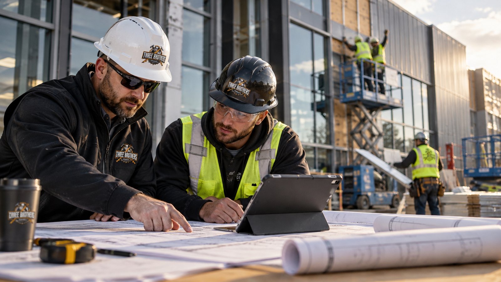 Two team members reviewing drawings and a tablet on site while crews work behind them