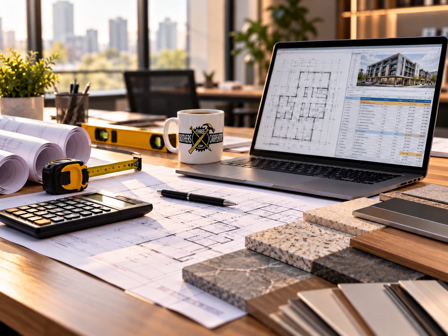 Desk with drawings, a takeoff on a laptop and cladding samples